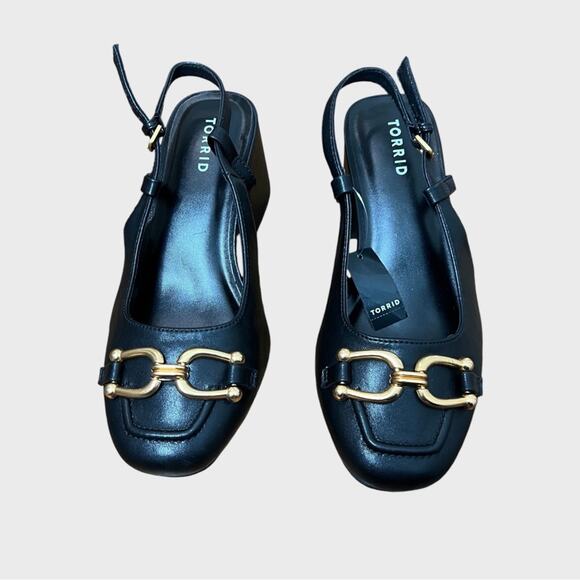 Torrid Slingback Block Heel Shoes Black Gold Horsebit Hardware Size 9WW Classic - Picture 8 of 12